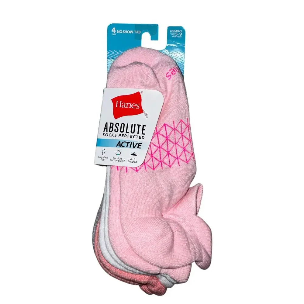 Women’s Hanes Absolute Active Pink, Grey And WhiteNo Show Socks 4pr Size 5-9